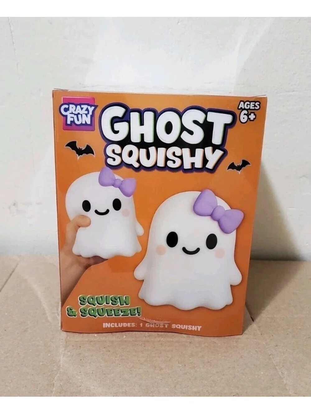 RMS Crazy Fun Ghost Squishy Halloween Sensory Squeeze Toy White Purple Bow NWT
